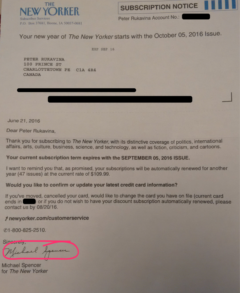 Subscription Renewal Letter from The New Yorker