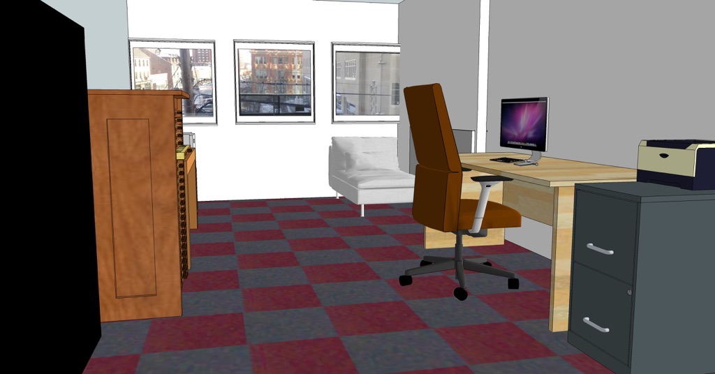 A SketchUp model of my office, showing the new chaise in the corner.
