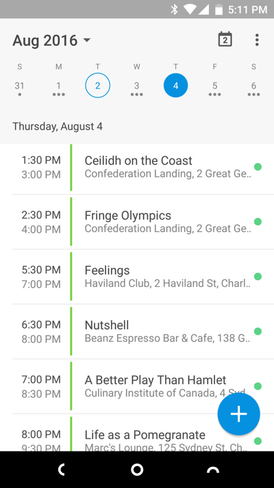 Screen shot of my Android calender app showing a slice of the schedule.