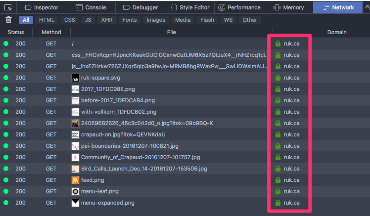 Screen shot of Firefox Developer Tools showing all content coming from ruk.ca
