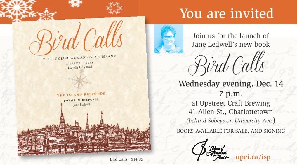 Snapshot of graphic invitation to the launch of Bird Calls at the Upstreet Craft Brewery, Dec. 14 at 7:00 p.m. Invitation shows book cover, author photo and event details.