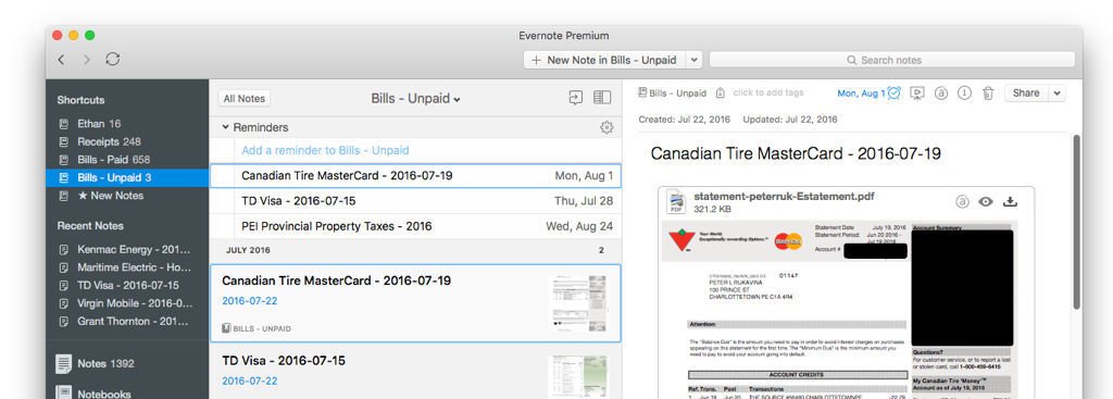 Evernote in Use (screen shot) to organize my bills.