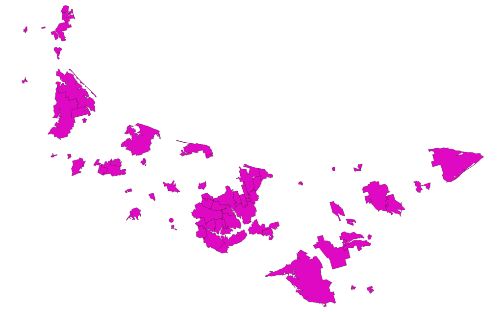 Outlines of all of the municipal boundaries on Prince Edward Island.