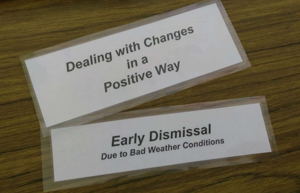 Photo of cards developed by Oliver and his EA to help with changes in the school day.