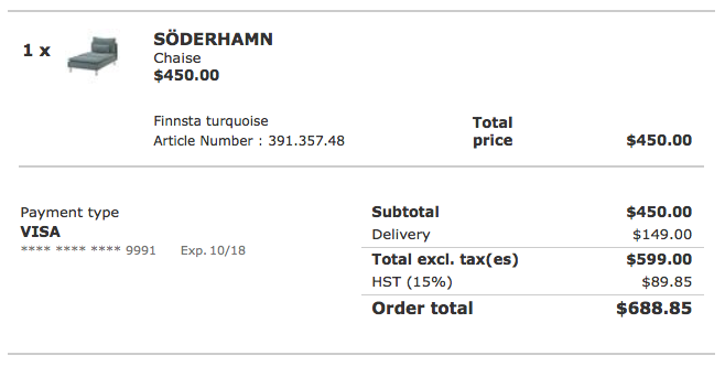 Screen shot of my IKEA order for a Söderhamn chaise.