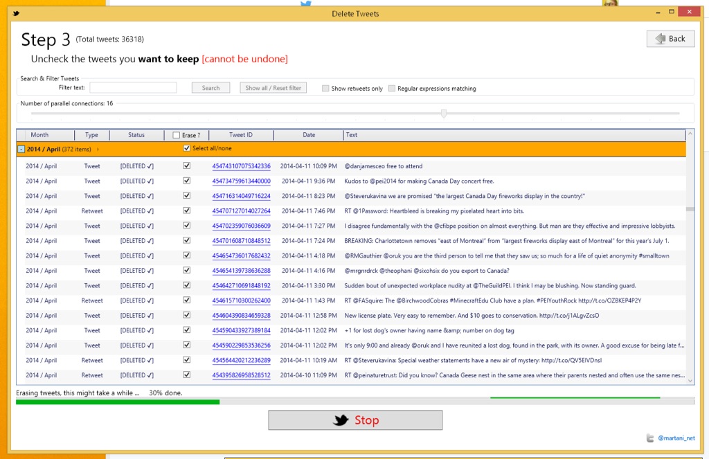 Screen shot showing 36319 tweets in Twitter Archive Eraser before deleting.