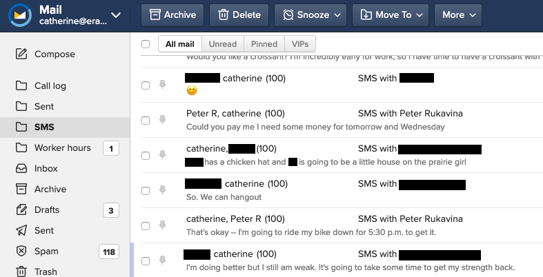 Screen shot of the SMS folder in Catherine's Fastmail