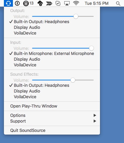 Screen shot of SoundSource flying down from the menu bar.