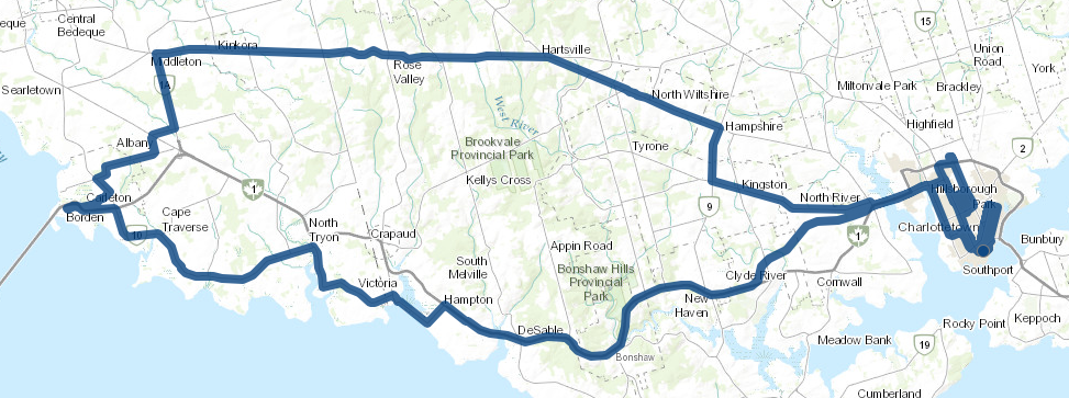 Map showing our route from Charlottetown west to Kinkora, south to Borden, and back home.