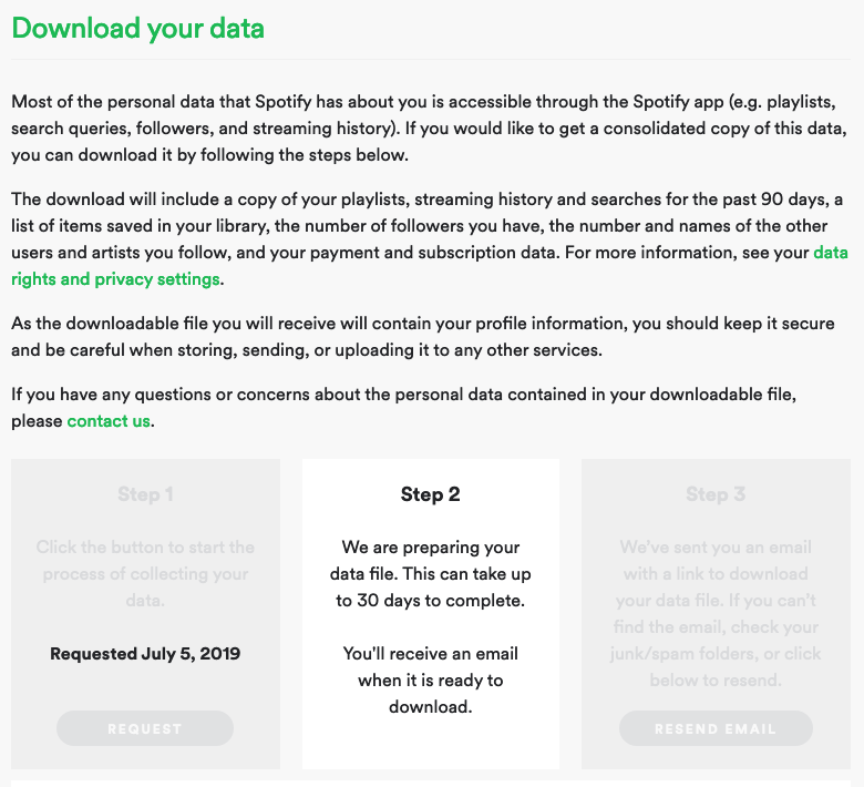 Screen shot of the Download your data section of Spotify's Privacy page