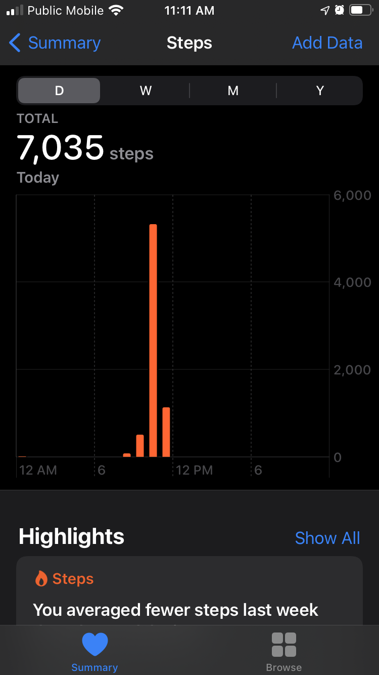 Screen shot of my iPhone: chart showing the number of steps I've walked today, by hour, and the total of 7,035 steps.