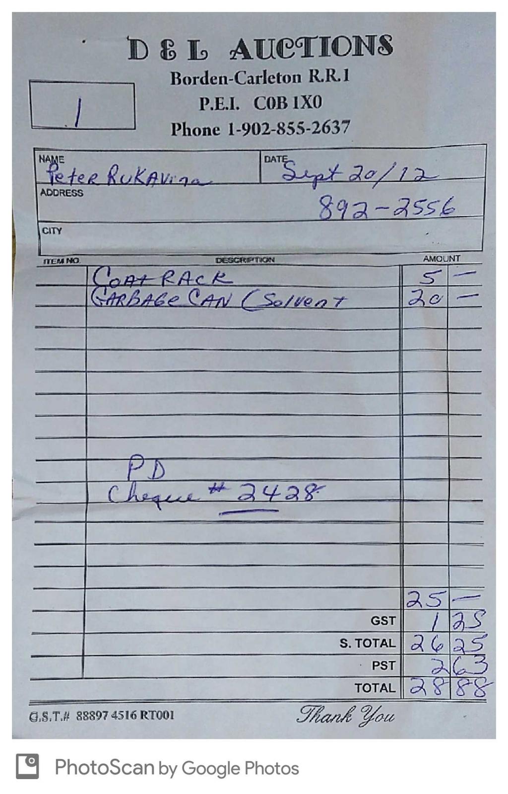 Receipt for Queens Printer Auction