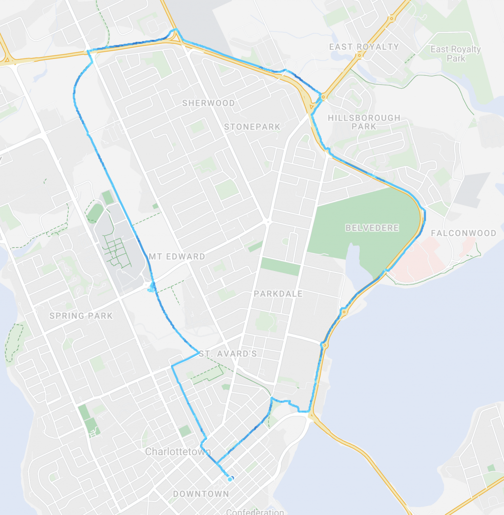 A map of Charlottetown showing the route of our bicycle ride.