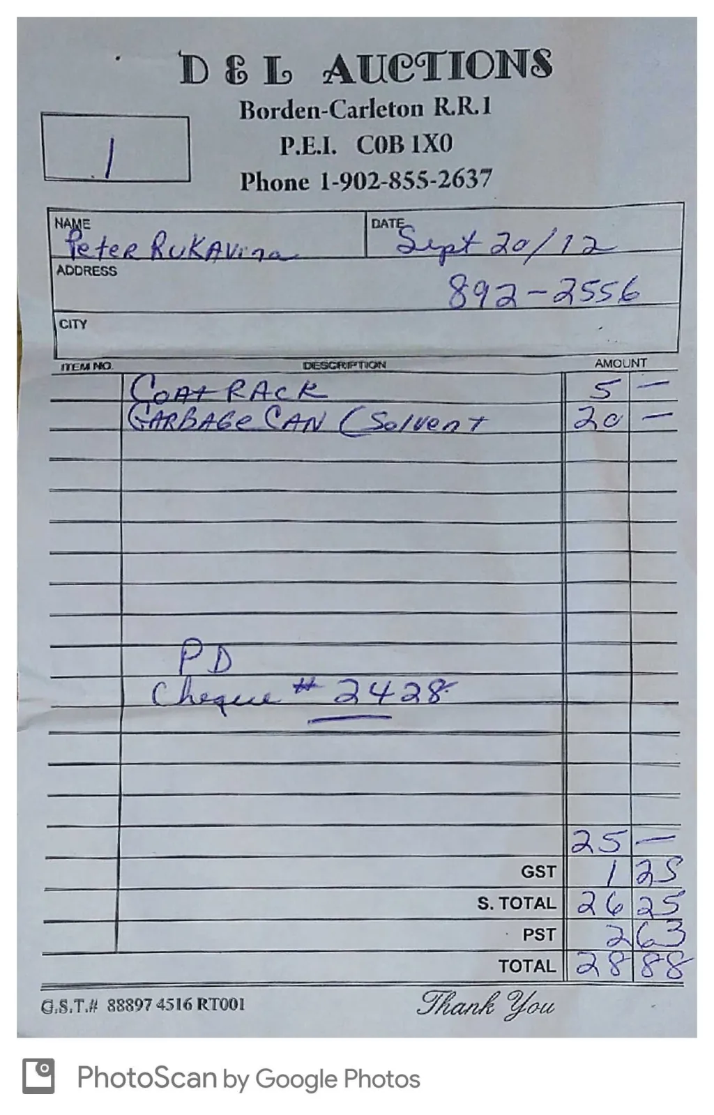 Receipt for Queens Printer Auction