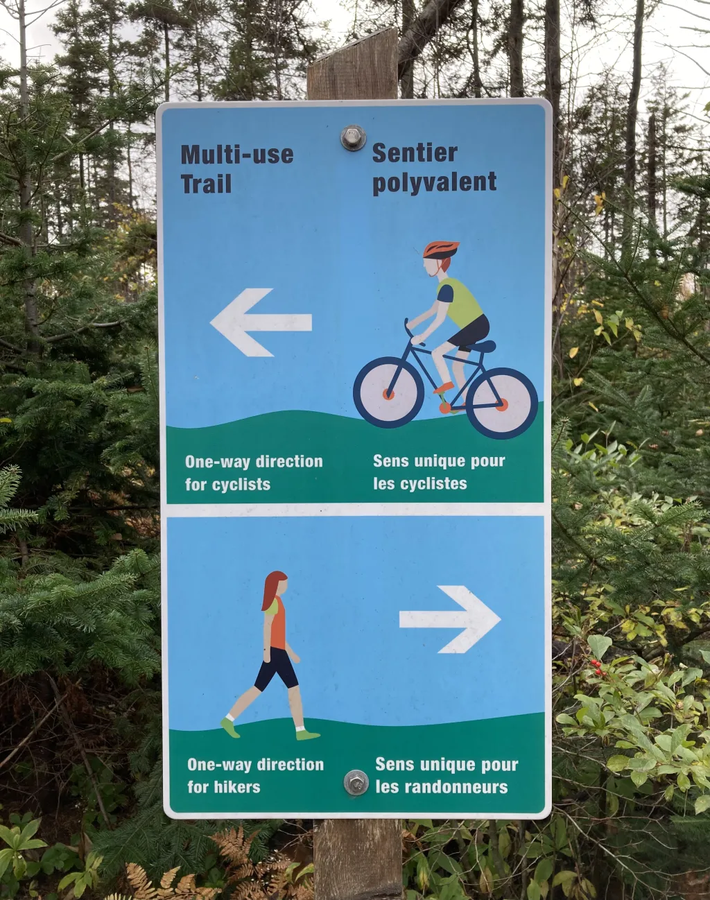 Trail sign with cyclist and pedestrian instructions.