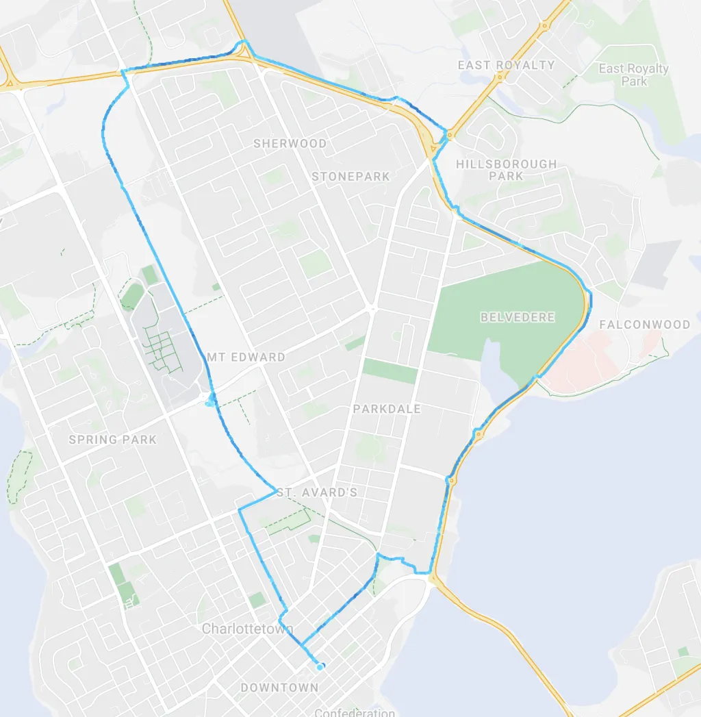 A map of Charlottetown showing the route of our bicycle ride.