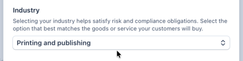 A screen shot of the industry selection dialog in Stripe.