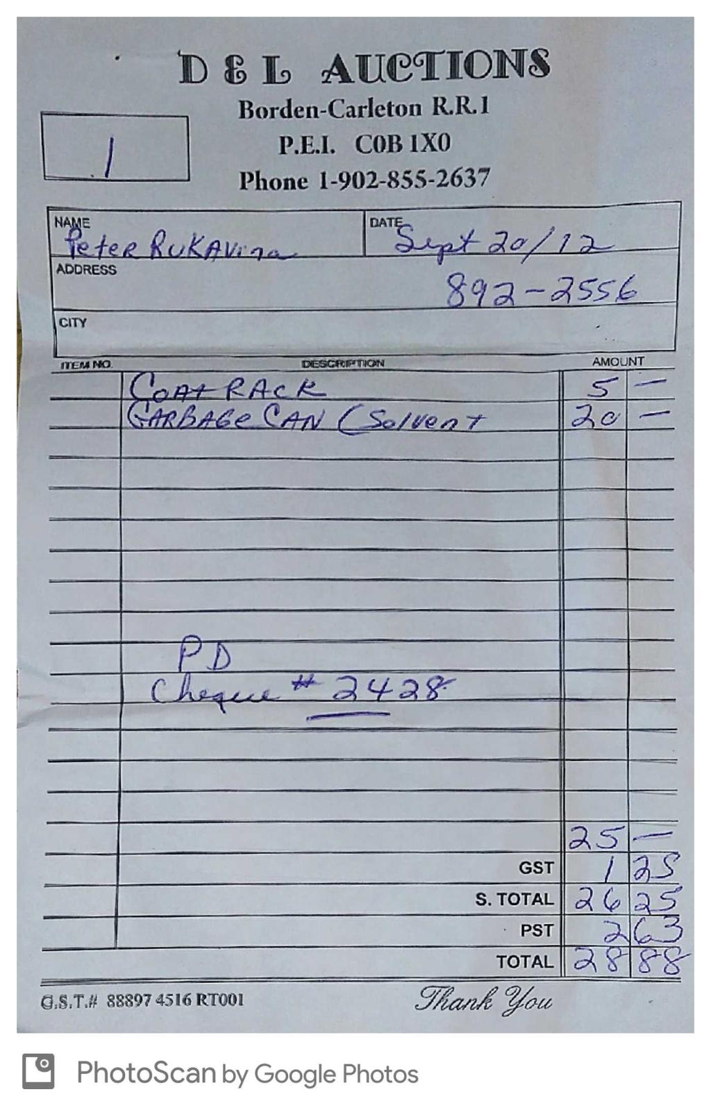 Receipt for Queens Printer Auction