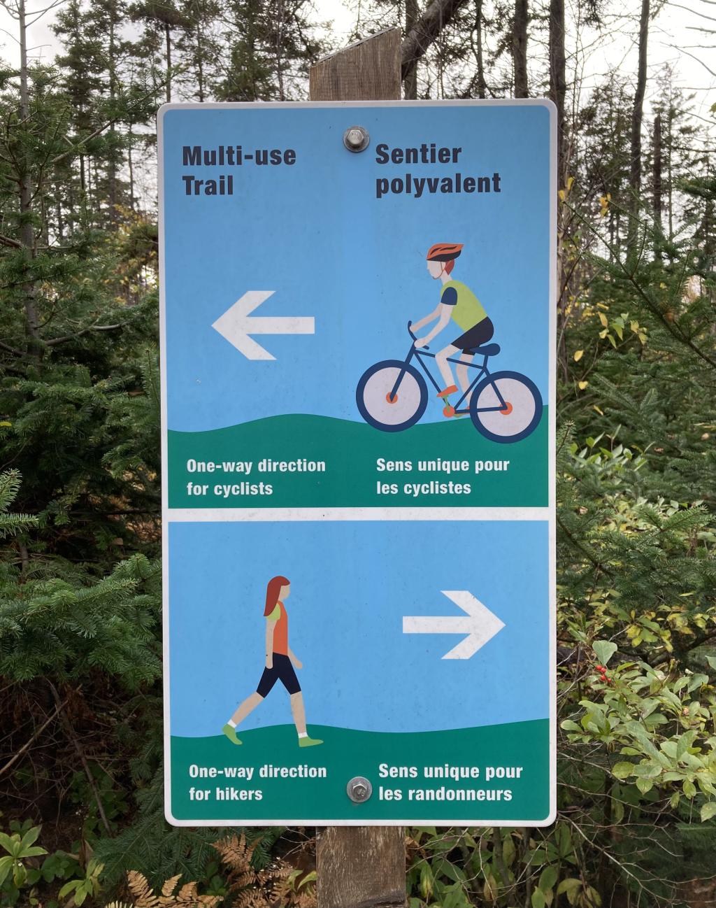 Trail sign with cyclist and pedestrian instructions. 