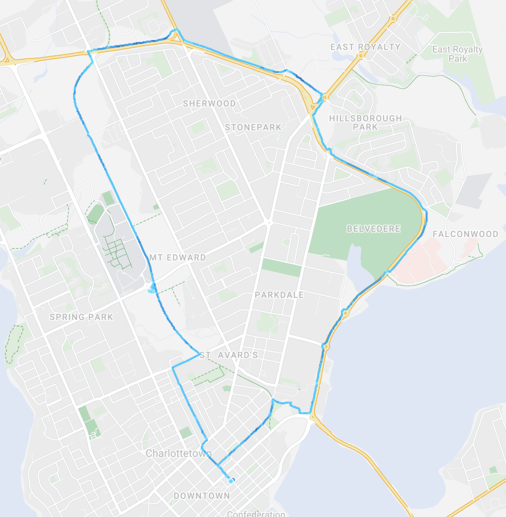 A map of Charlottetown showing the route of our bicycle ride.