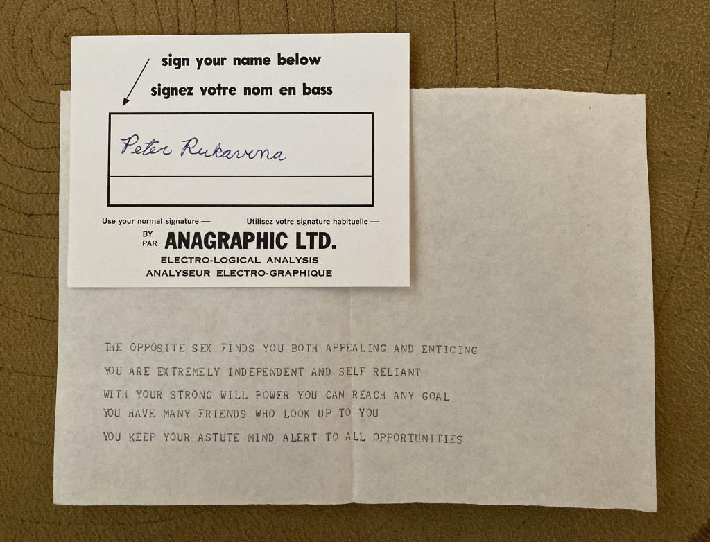 A signature card laid on top of a computer print-out, all caps, with horoscope-style advice.