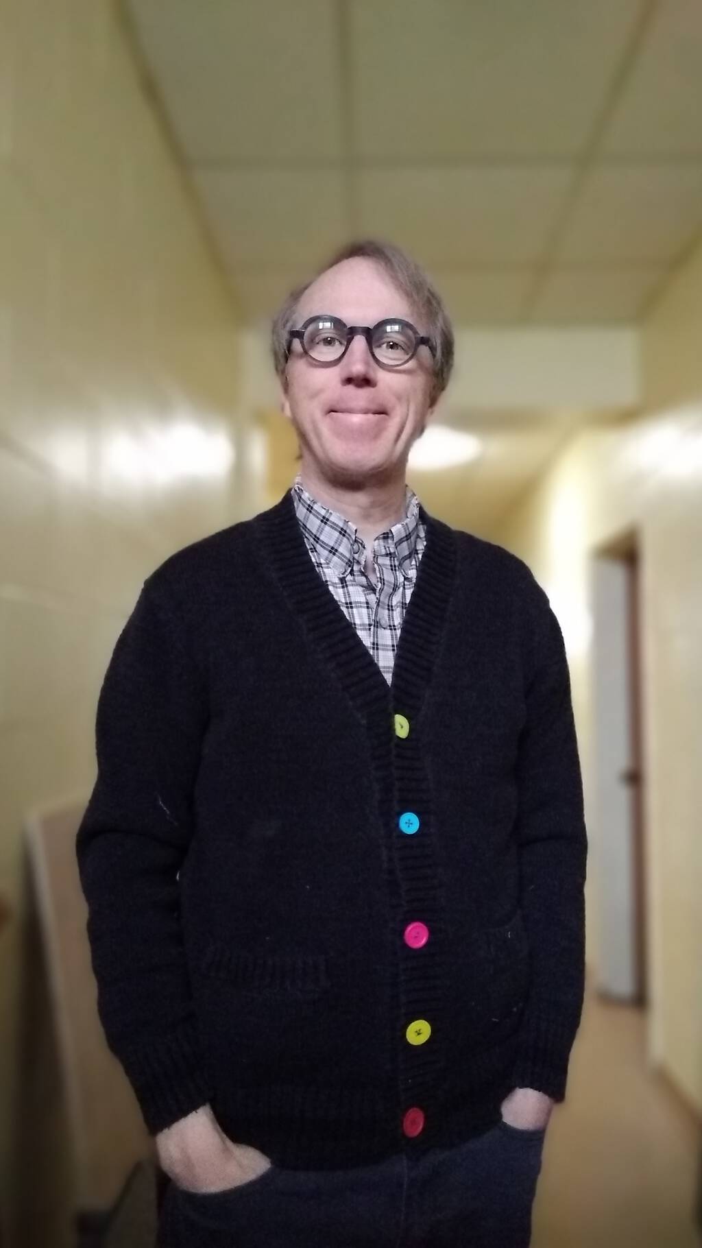 Selfie showing my sweater with new buttons