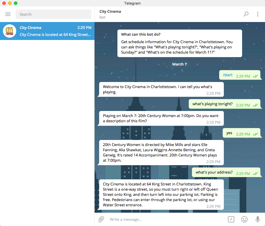 Screen shot of a Telegram conversation with the CityCinemaBot.