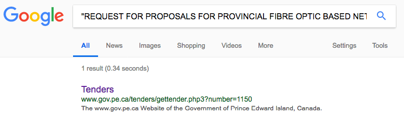 Screen shot of Google search results showing PEI tender document.