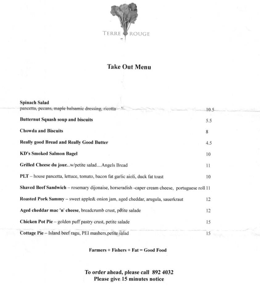 Terre Rouge takeout menu from January 2013