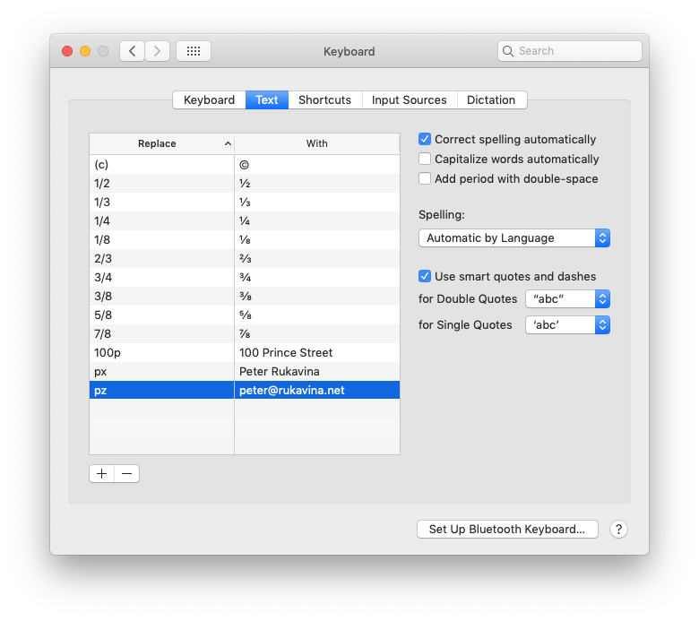 The Text Shortcuts tab in MacOS System Preferences