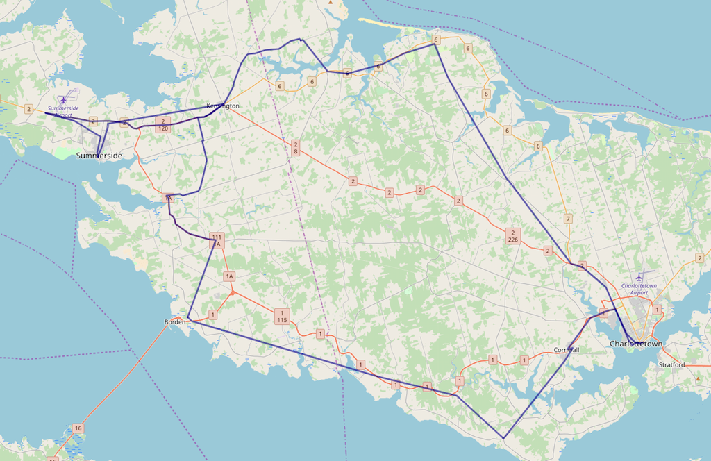 Map of our rural levee loop, overlaid on OpenStreetMap