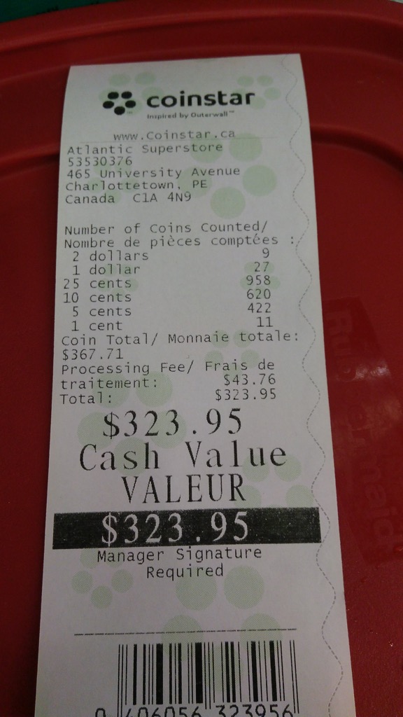 Photo of Coinstar receipt showing total and commision