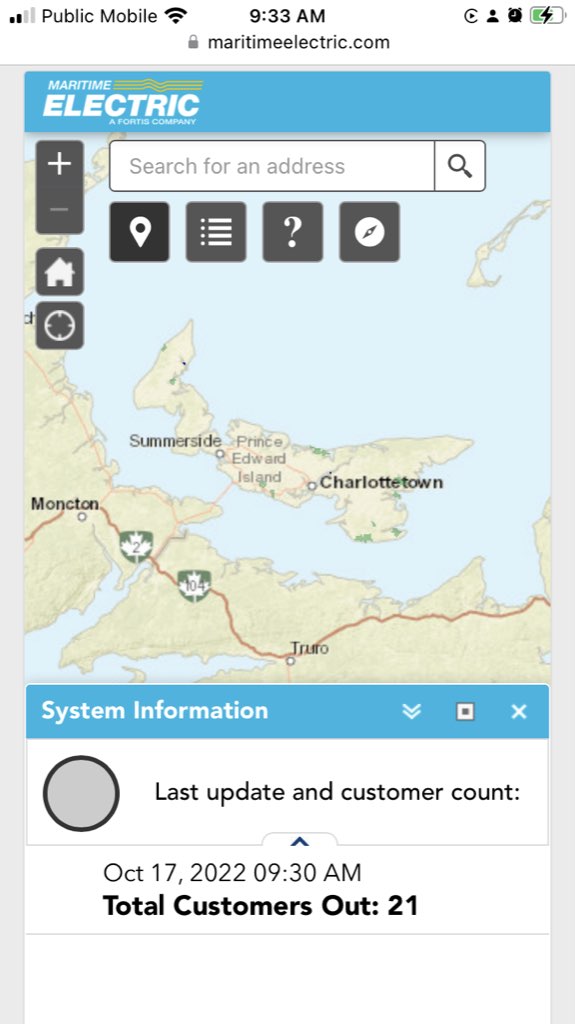 Screen shot of the Maritime Electric outage map as of 9:33 a.m. on October 17, 2022.
