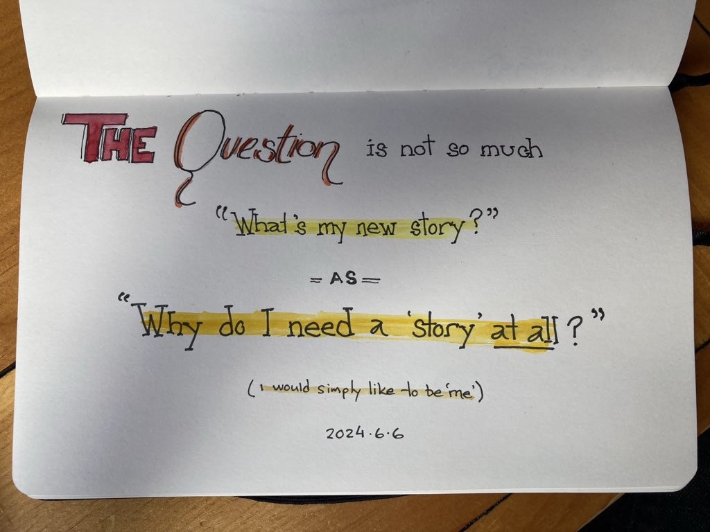 A photo of a sketch from my notebook: "The question is not so much 'What's my new story?' as 'Why do I need a story at all?' (I would simply like to be 'me').