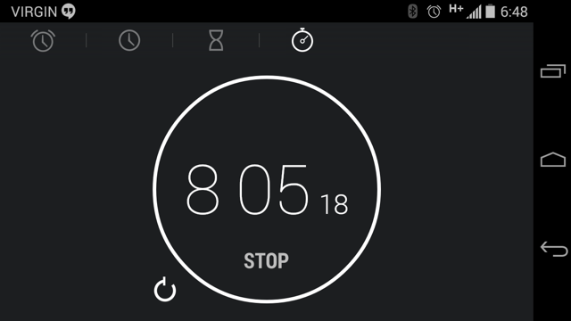 My Android phone stopwatch application showing 8 minutes and 5 seconds