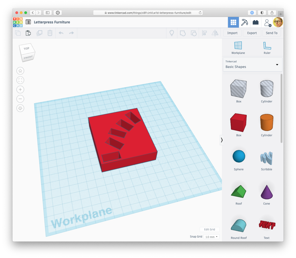 Tinkercad screen shot showing 3D model of a square filled with letter-sized rectangular holes.