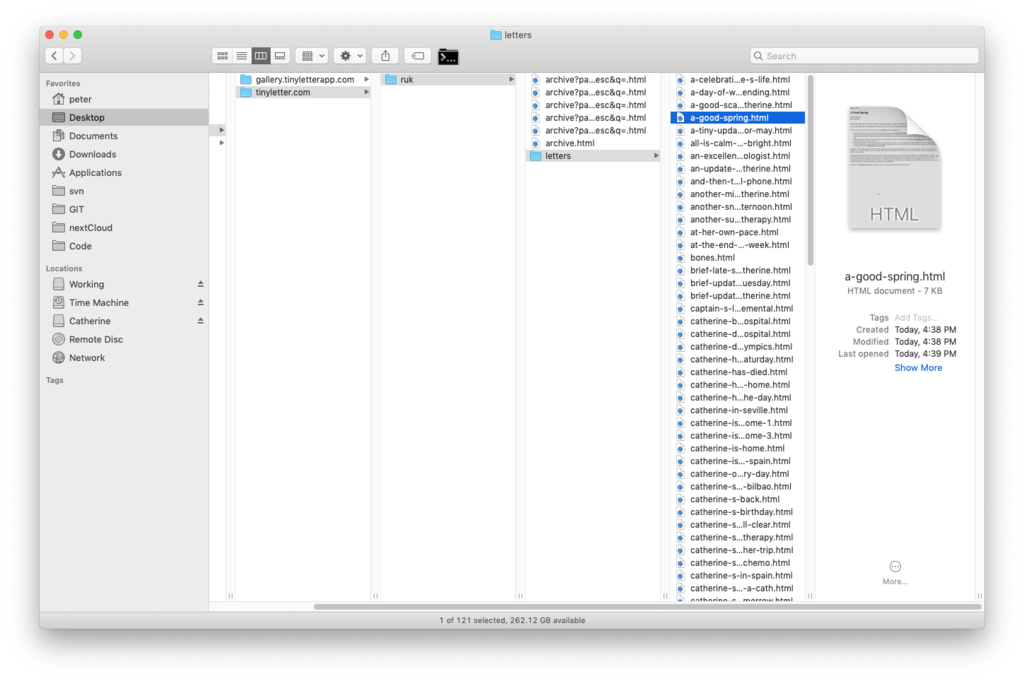 Screen shot of Finder on my Mac showing the Tinyletter archive.