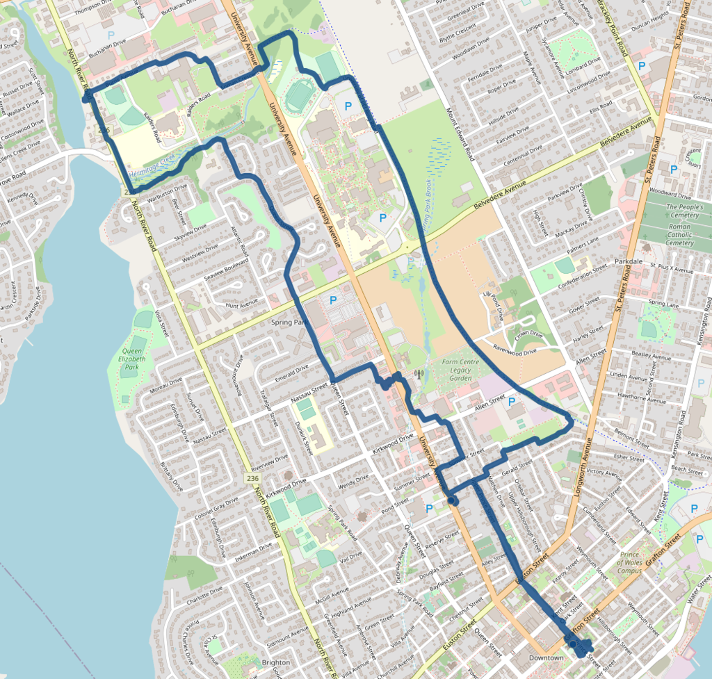 Map of Charlottetown showing my cycle route from downtown to Charlottetown Vision Care and back.