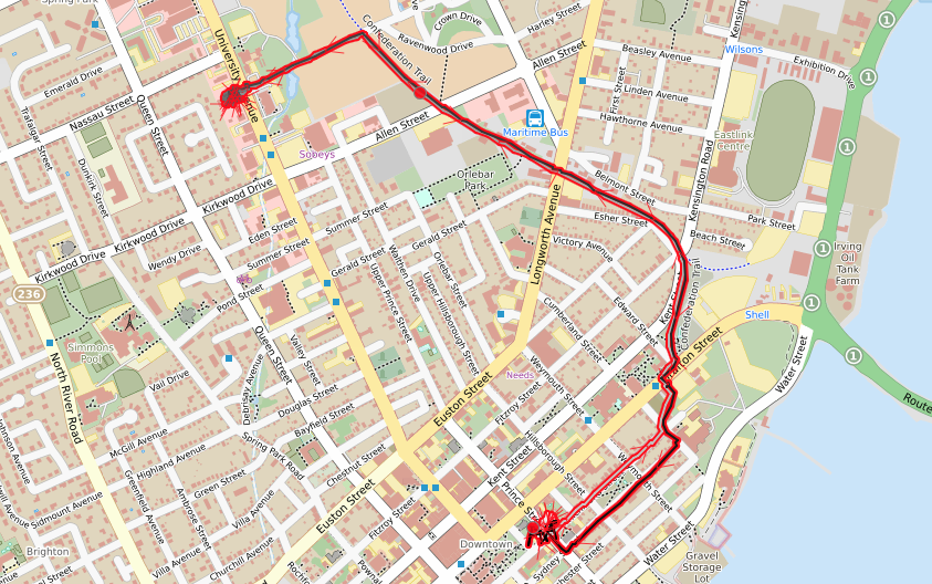 Map showing our cycle route out the Confederation Trail to the Research Station access road and across University Avenue to Madam Vuong's.