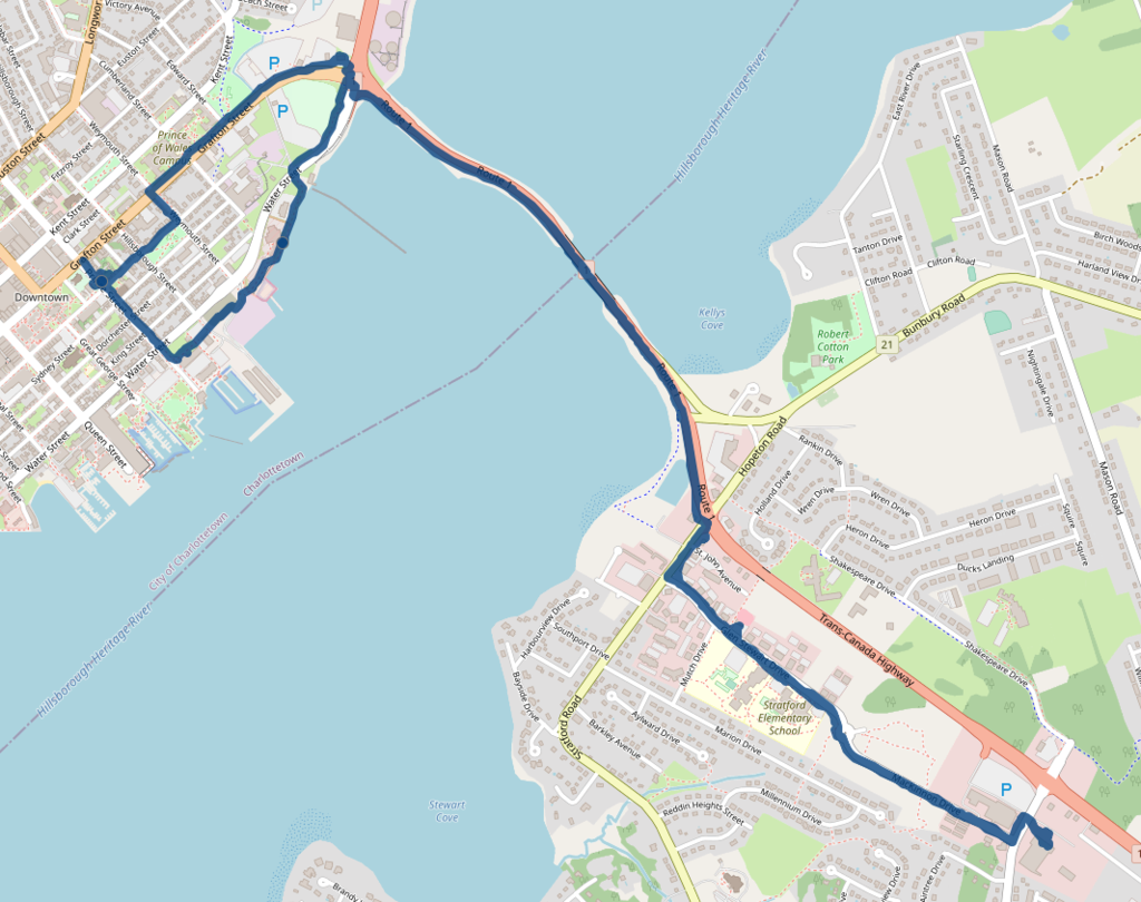 Map showing our route from home to Stratford and back.