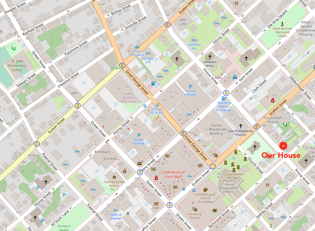 A map of downtown Charlottetown, south of Euston Street, showing the location of 10 traffic lights.