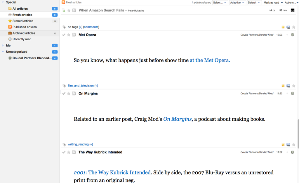 Screen shot of feedreading in Tiny Tiny RSS in a browser