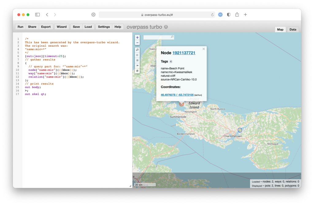 Overpass Turbo page showing completed place names.