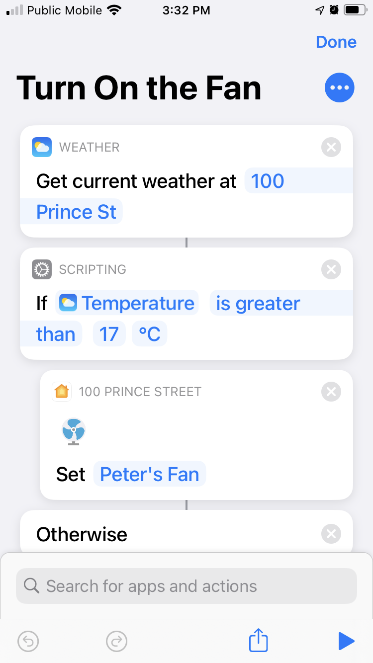 Screen shot of iOS shortcuts showing test for temperature more than 17 degrees