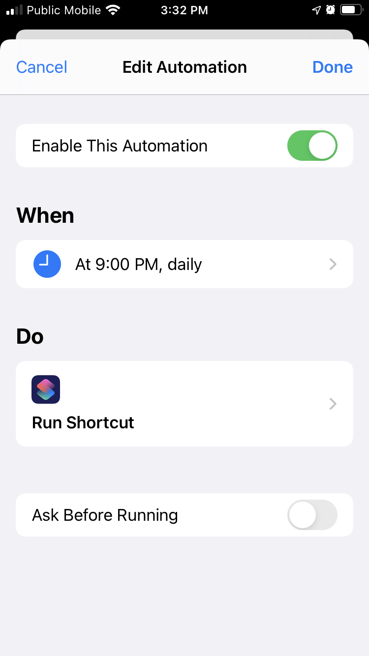 iOS Shortcuts app showing Personal Automation to run at 9:00 p.m. daily