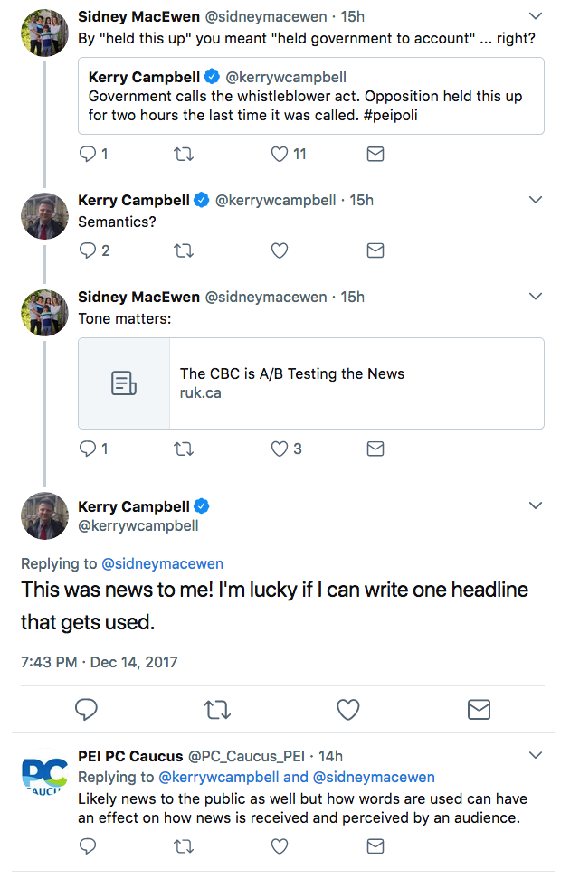 Screen shot of a Twitter exchange between Sidney MacEwen and Kerry Campbell