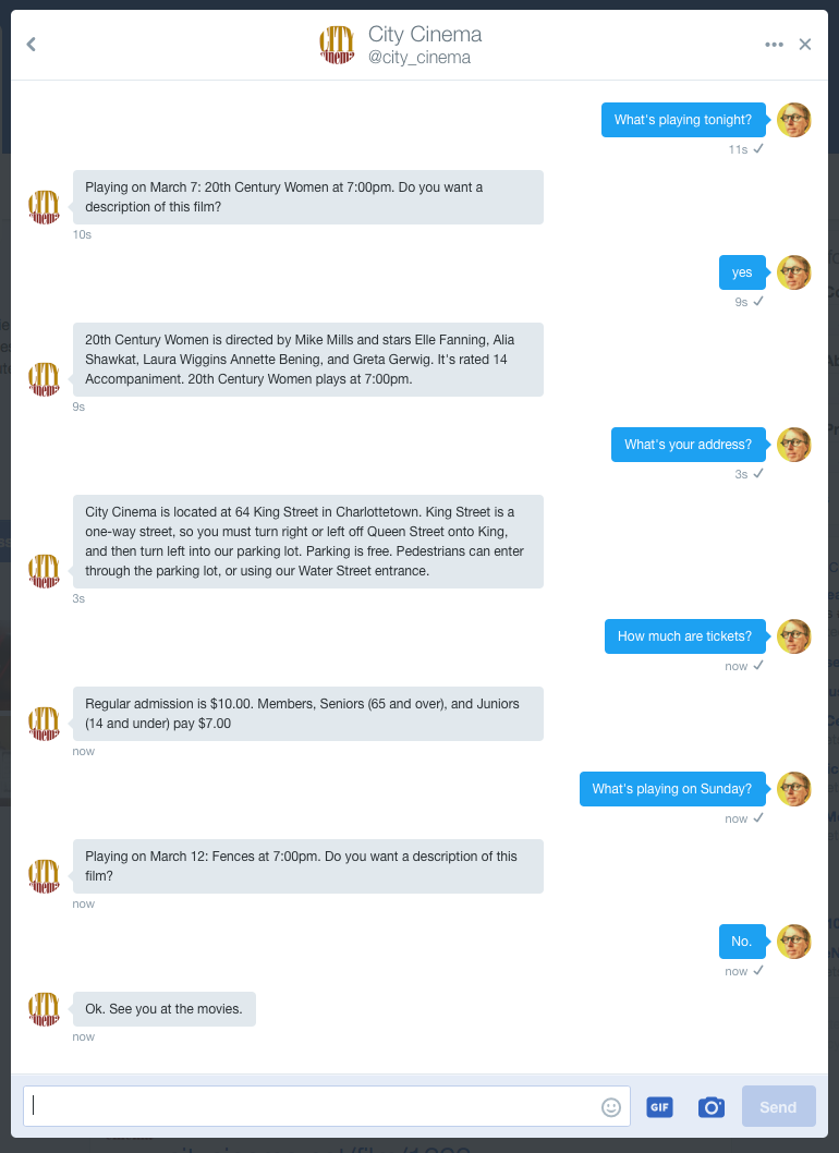 Screen shot of the City Cinema Twitter "bot" in action showing a dialog where I ask it questions and it responds.