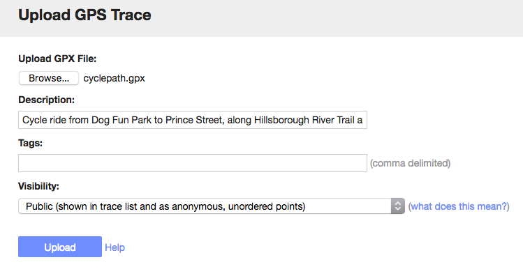 Screen shot of OpenStreetMap Upload GPS Trace page