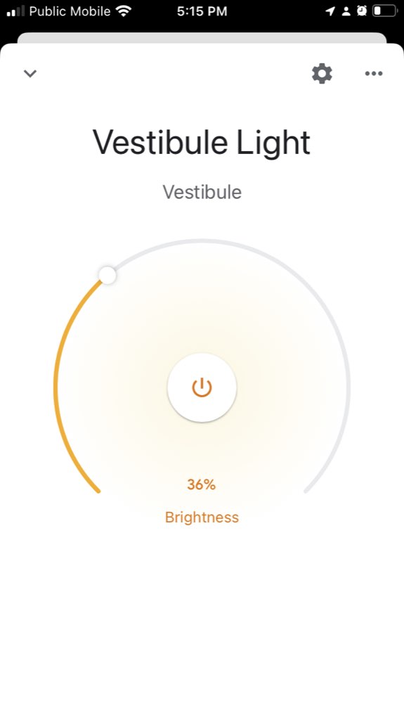 The Google Home app on my iPhone, showing a slider that allows the Vestibule Light brightness to be adjusted form 0% to 100%