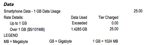 Detail from my Virgin Mobile bill, showing $25 in data overage charges